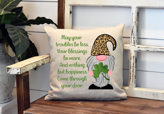 Irish Blessing Gnome Pillow Cover - St Patrick's Day Gnome - St. Pattys Decorations Farm house Decor Throw Pillow Cover