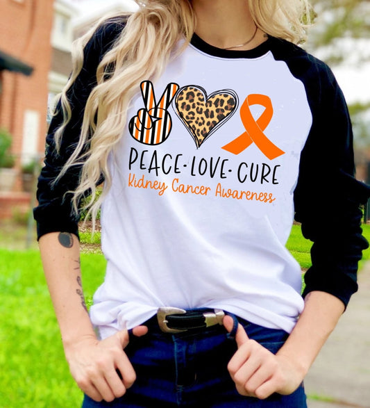 Peace Love Cure Kidney Cancer Awareness Adult Kids Toddler Baby Shirt Tee Raglan shirt