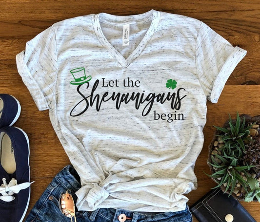 Let The Shenanigans Begin Clover Shamrock St Patrick's Day Fun Unisex V Neck Graphic Tee T-Shirt