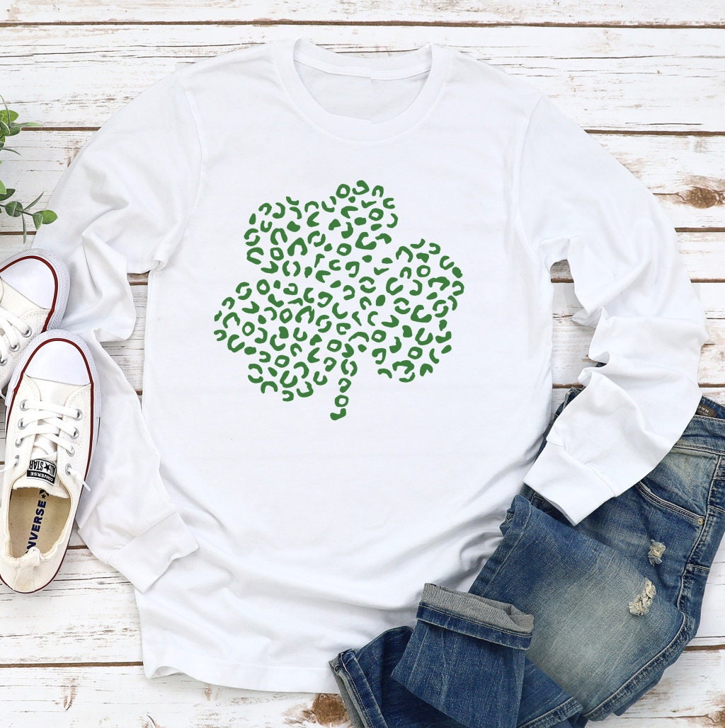 St Patrick's Day Leopard Print Clover Shamrock Irish Adult Kids Toddler Tee Long or Short Sleeve Shirt