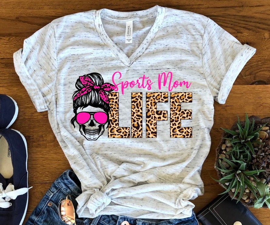 Sports Mom, Pink Skull Leopard Print, Raising Ballers Basketball Baseball Football Mom Bella Unisex V Neck T-Shirt