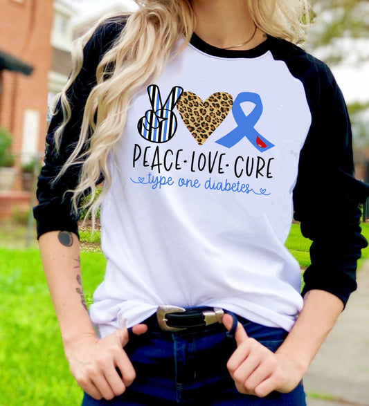 Peace Love Cure Type One Diabetes Awareness Adult Kids Toddler Baby Shirt Tee Raglan shirt
