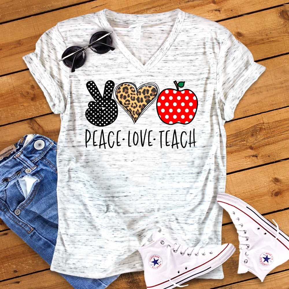 Peace Love Teach Leopard Heart Polka Dot Apple Novelty Graphic Inspirational  Teacher Unisex V Neck Graphic Tee T-Shirt
