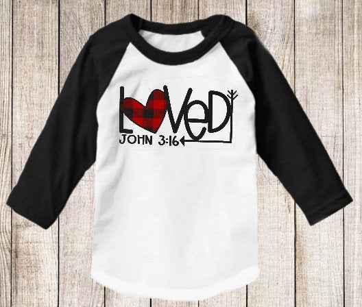 Loved John 3:16 Buffalo Plaid Heart Blessed Christian t-shirt Raglan shirt Novelty Graphic Tee T-Shirt Raglan
