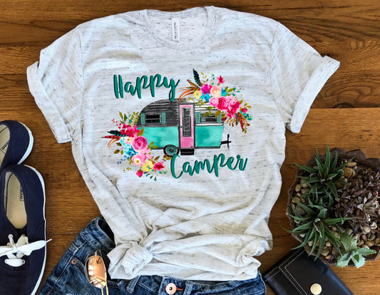 Happy Camper Camping RV Floral Watercolor Unisex Graphic Tee T-Shirt Crew of V Neck