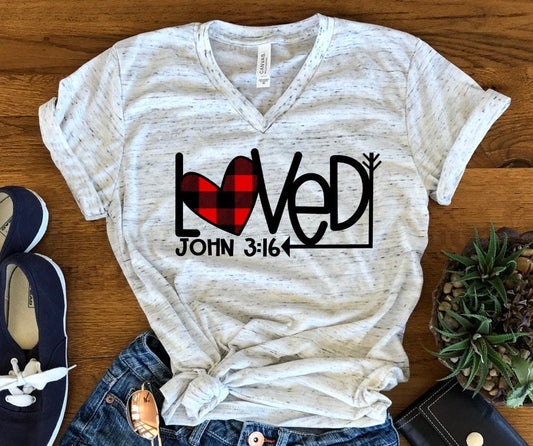 Loved John 3:16 Christian Shirt, Buffalo Plaid Heart Unisex Graphic Tee T-Shirt Crew of V Neck
