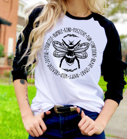 Bee Kind Circle Honey Bumble Bee Positive Inspirational Unisex Novelty T-Shirt Tee Raglan shirt