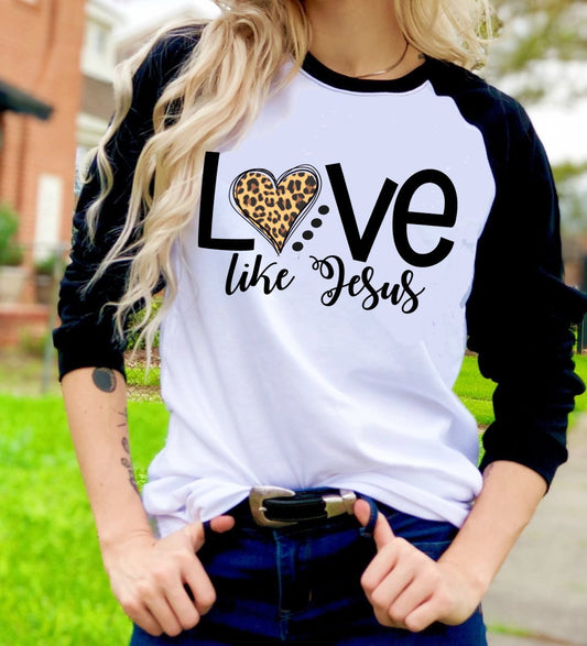 Love Like Jesus Leopard Print Heart t-shirt Raglan shirt Novelty Graphic Tee T-Shirt Raglan