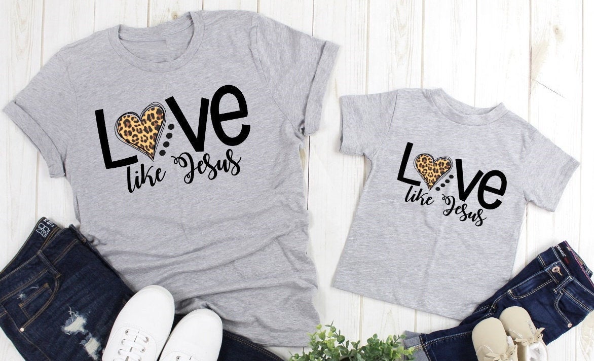 Love Like Jesus Chirstian Love Leopard Print Heart Adult Kids Toddler Baby Shirt