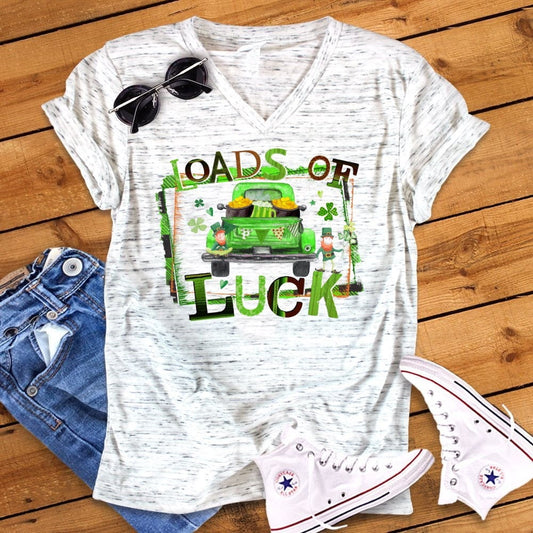 Loads Of Luck Lucky Clover Shamrock St Patrick&#39;s Day Fun Unisex V Neck Graphic Tee T-Shirt