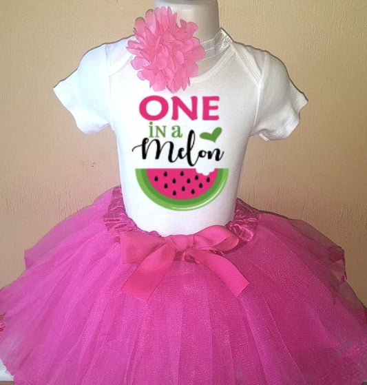 Birthday One In A Melon Hot Pink Watermelon Shirt Tutu Headband Set