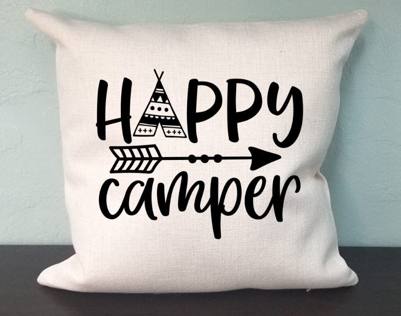 Happy Camper Arrow Pillow Cover - Camp Travel Trailer - Camping RV Farmhouse Decor Throw Pillow Cover