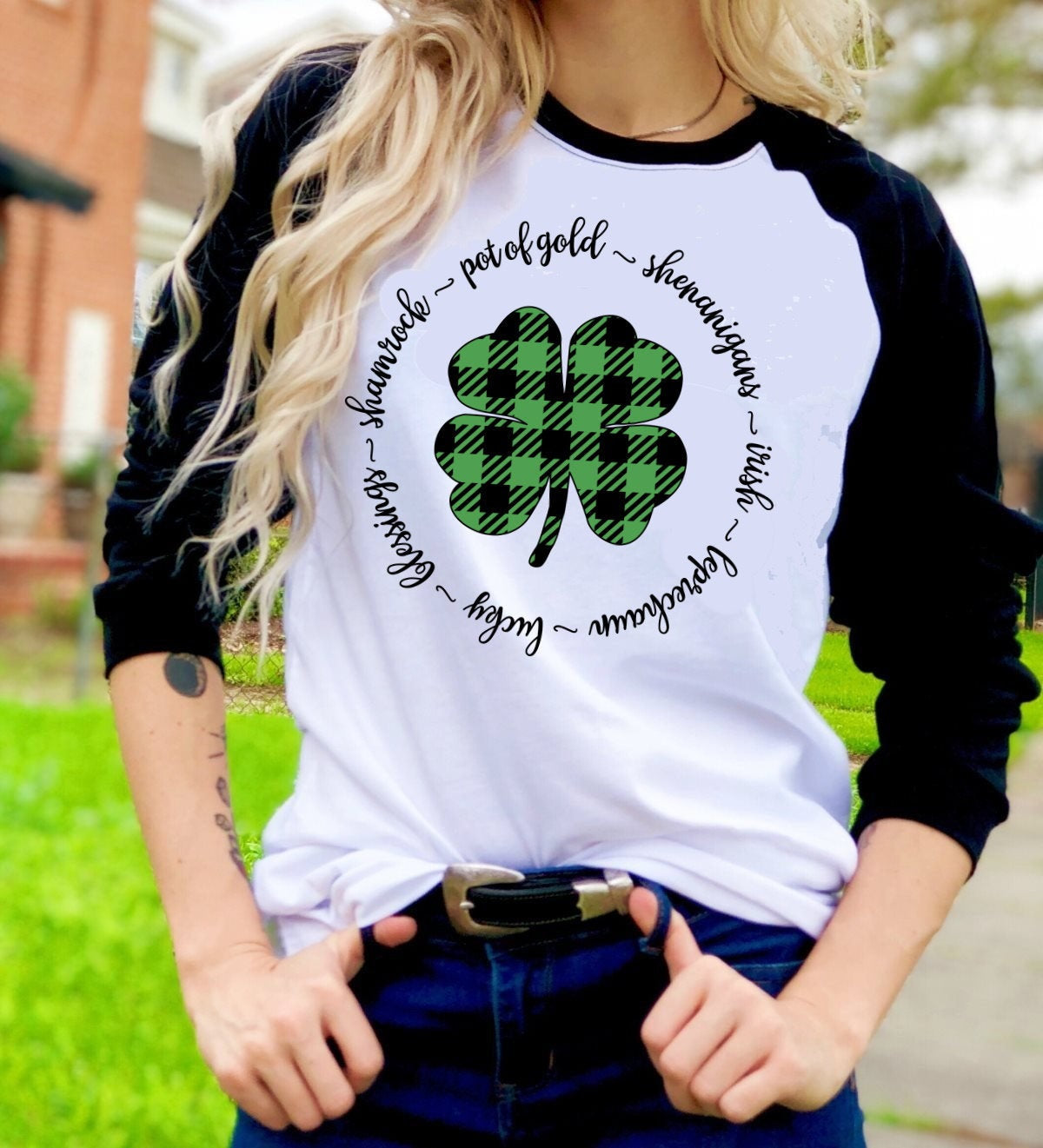 St Patricks Day Buffalo Plaid Shamrock Irish Sayings St Patrick&#39;s Day Tee Raglan shirt