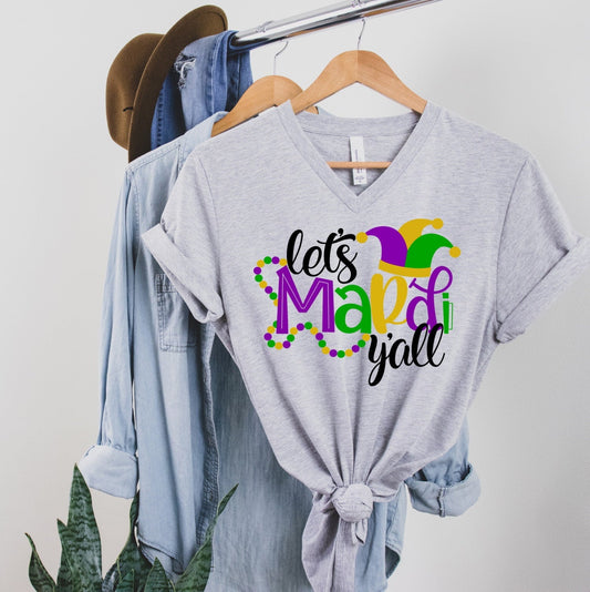 Mardi Gras Let&#39;s Mardi Y&#39;all Mardi Gras Beads Fun Unisex V Neck Graphic Tee T-Shirt