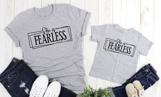 She Is Fearless Proverbs 31 25, Christian Shirt, She is Strong, Positive Message Adult Kids Toddler Baby Shirt