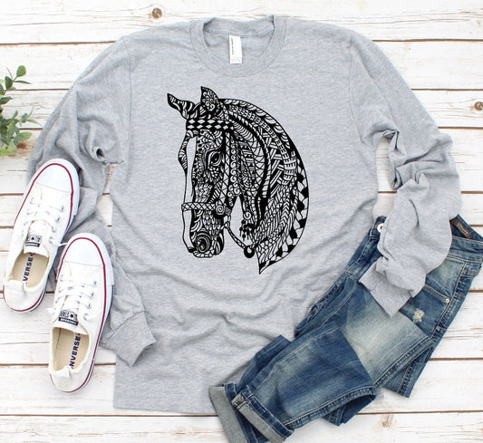 Horse Mandala Safari Boho, Floral Horse, Horse Lover Adult Kids Toddler Long Sleeve Shirt