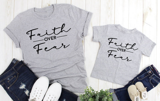 Faith Over Fear, Christian Shirt, She is Strong, Positive Message Adult Kids Toddler Baby Shirt