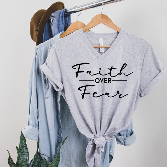 Faith Over Fear Christian Have Faith Unisex V Neck Graphic Tee T-Shirt