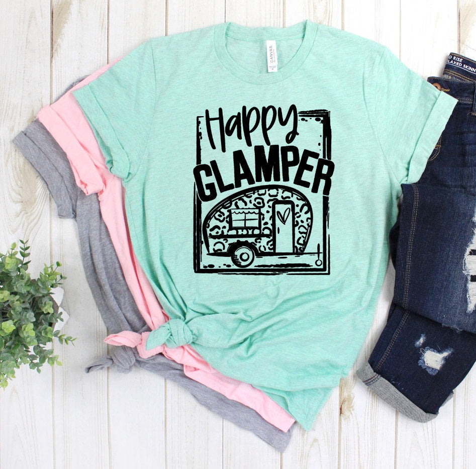 Happy Glamper, Happy Camper Camping RV Leopard Camp Novelty T-Shirt