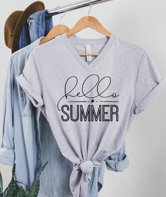 Hello Summer, Beach Shirt, Vacation Shirt, Summer Tee, Summertime Unisex V Neck T-Shirt