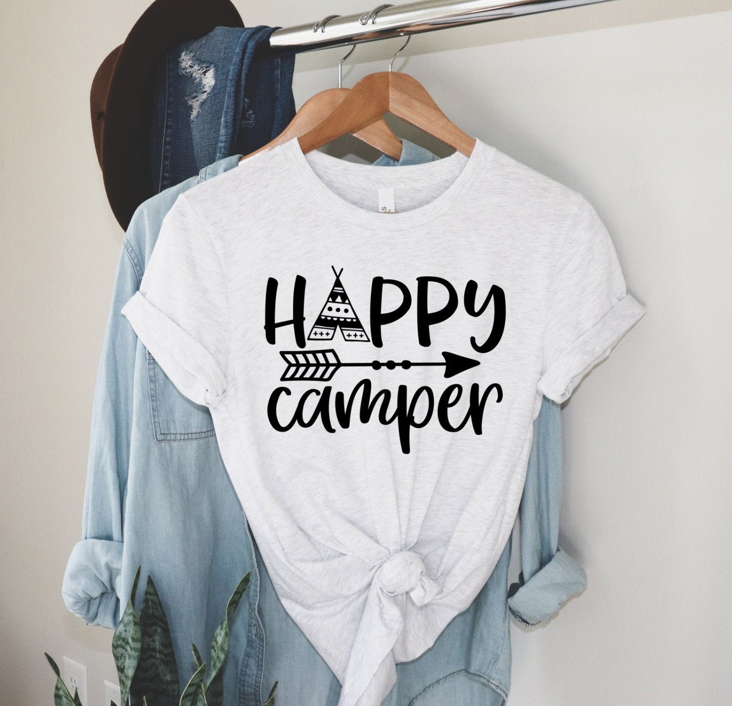 Happy Camper Arrow, Camp, Camping RV Glamping Unisex V Neck or Crew Neck Graphic Tee T-Shirt