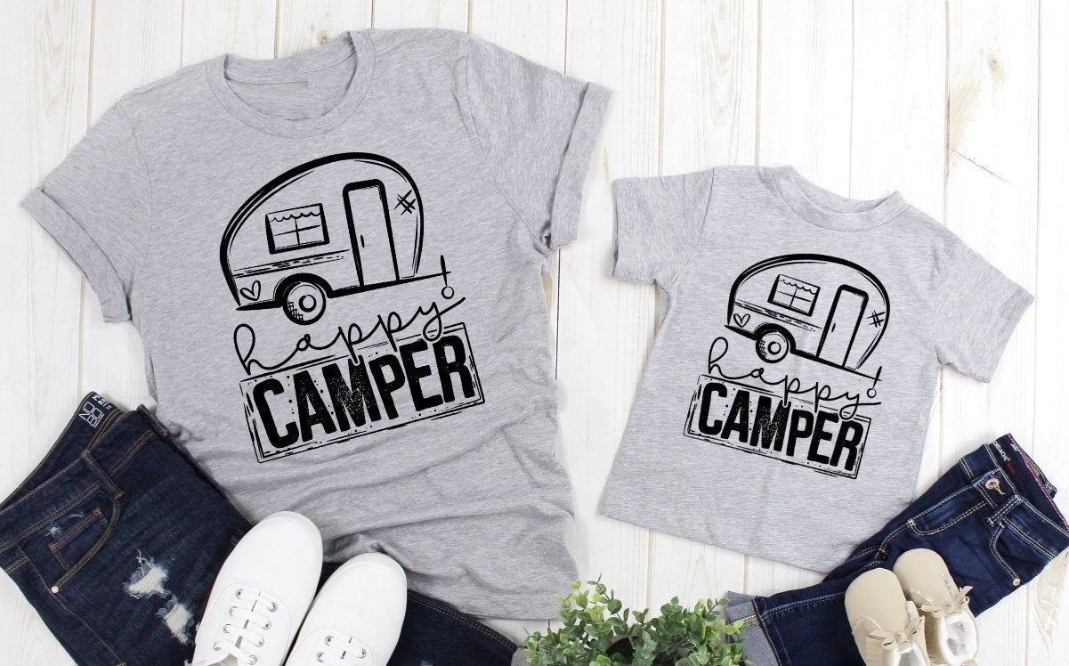 Happy Camper Travel Trailer Camper Camping Vacation Adult Kids Toddler Baby Shirt