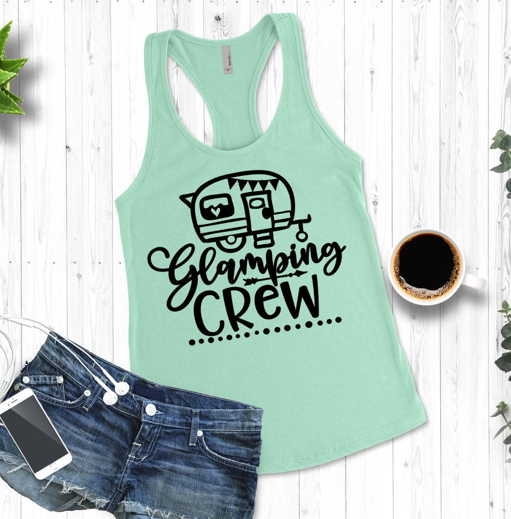 Glamping Crew,  Vacation Shirt, Heart Camp Camper Camping RV Woman&#39;s Novelty Tank Top T-Shirt