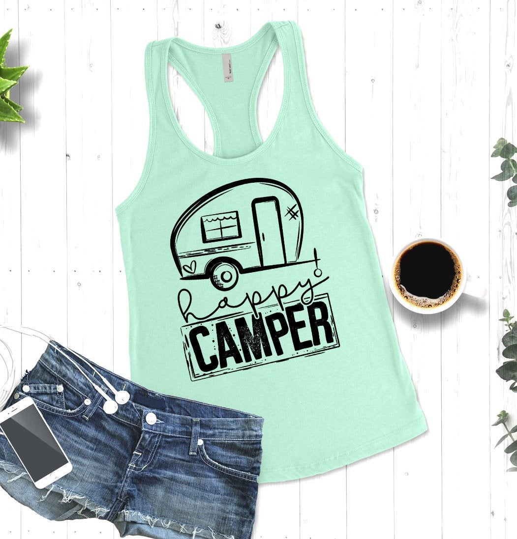 Happy Camper, Vacation Shirt, Cute Camp Camper Camping RV Woman&#39;s Novelty Tank Top T-Shirt