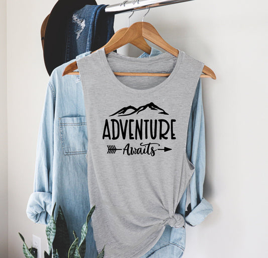 Adventure Awaits Camping Hiking Mountains Novelty Women’s Flowy Racerback Tank Shirt