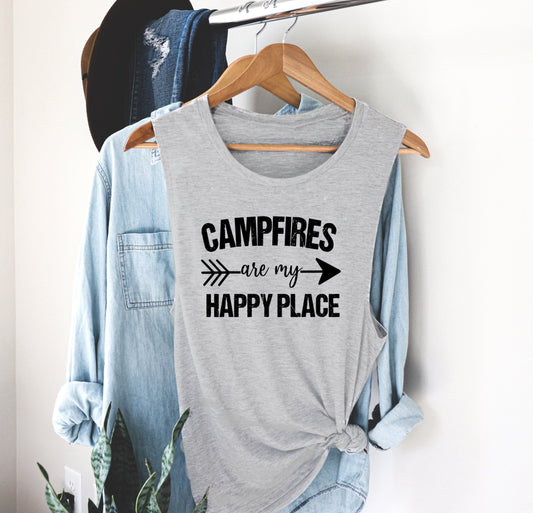 Campfires Are My Happy Place, Funny Camping Tee, Camper RV Camp Novelty Women’s Flowy Racerback Tank Shirt