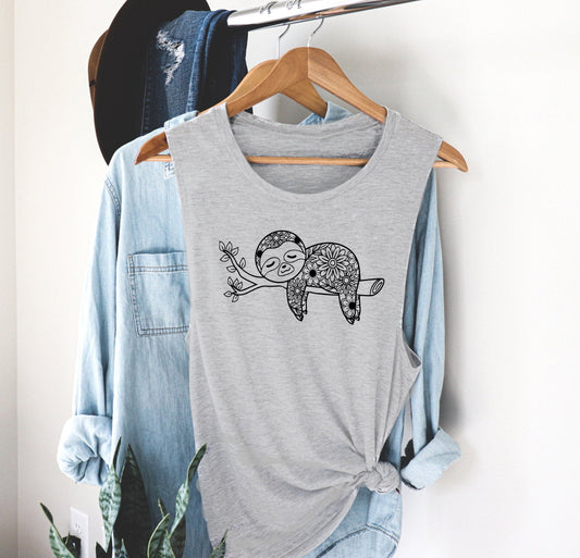 Sloth, Hanging Sloth, Animal Boho Animal Novelty Women’s Flowy Racerback Tank Shirt