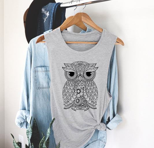 Owl, Bird, Owl Lover Animal Novelty Women’s Flowy Racerback Tank Shirt