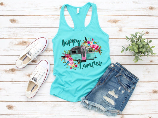 Happy Camper, Floral Camper, Vacation Shirt, Heart Camp Camper Camping RV Woman&#39;s Novelty Tank Top T-Shirt