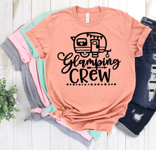 Glamping Crew, Girls Trip, Vacation Shirt, Heart Camp Camper Camping RV Novelty T-Shirt