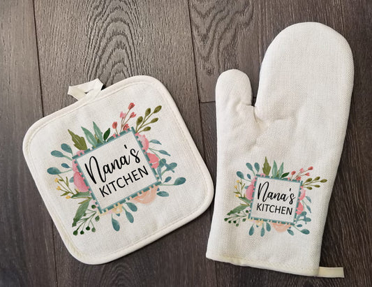 Nana Oven Mitt & Pot Holder Set, Grandma Gift Set Personalized Oven Mitts, Gifts for Mom, Camping RV