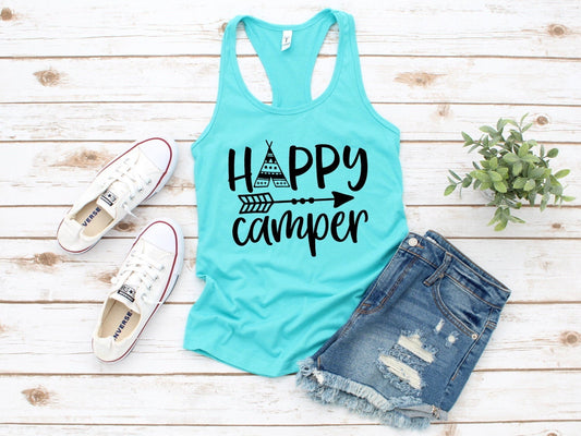 Happy Camper, Arrow, Vacation Shirt, Heart Camp Camper Camping RV Woman's Novelty Tank Top T-Shirt
