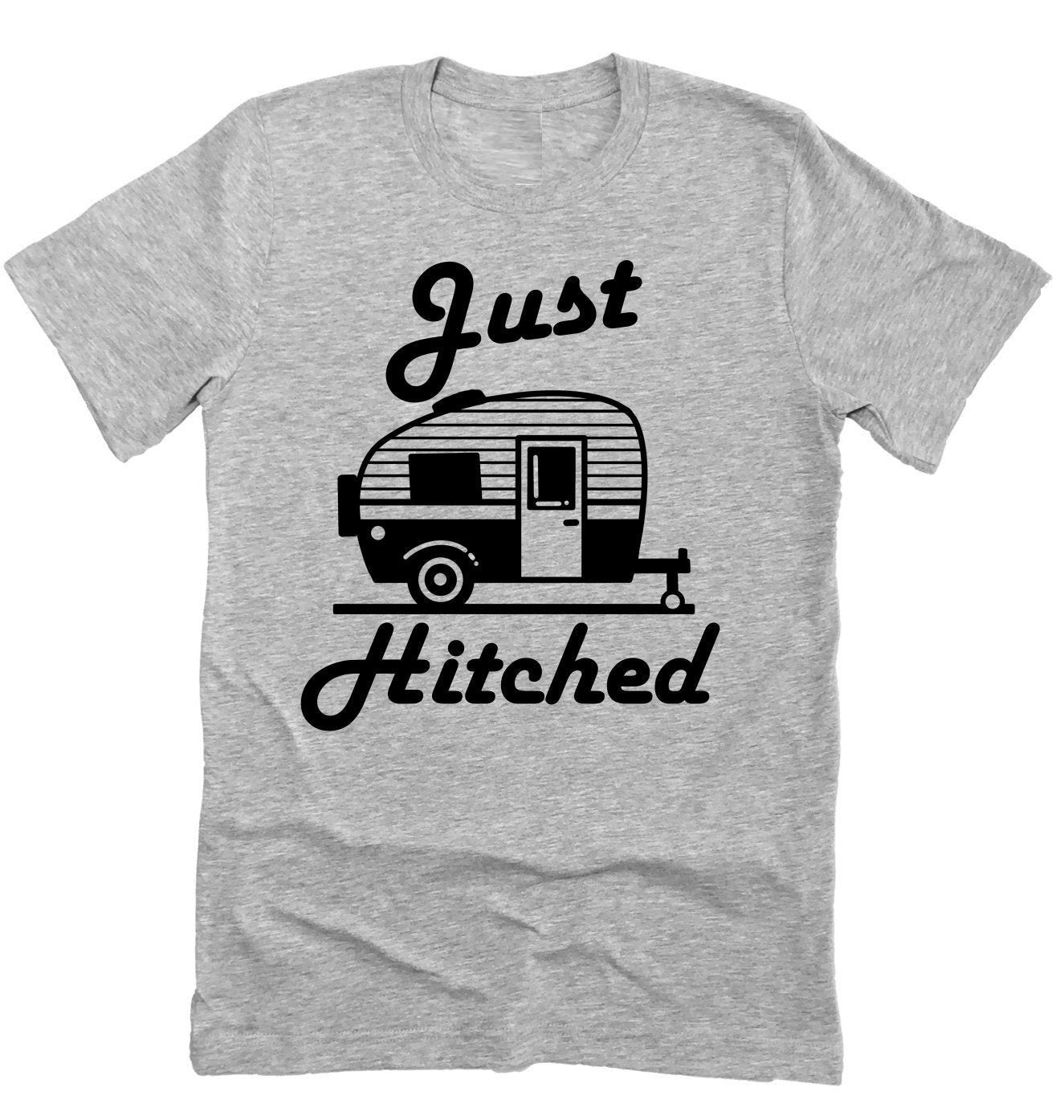 Just Hitched, Funny Just Married, Camping Honeymoon Shirt, Men&#39;s Just Married Funny Unisex Novelty T-Shirt