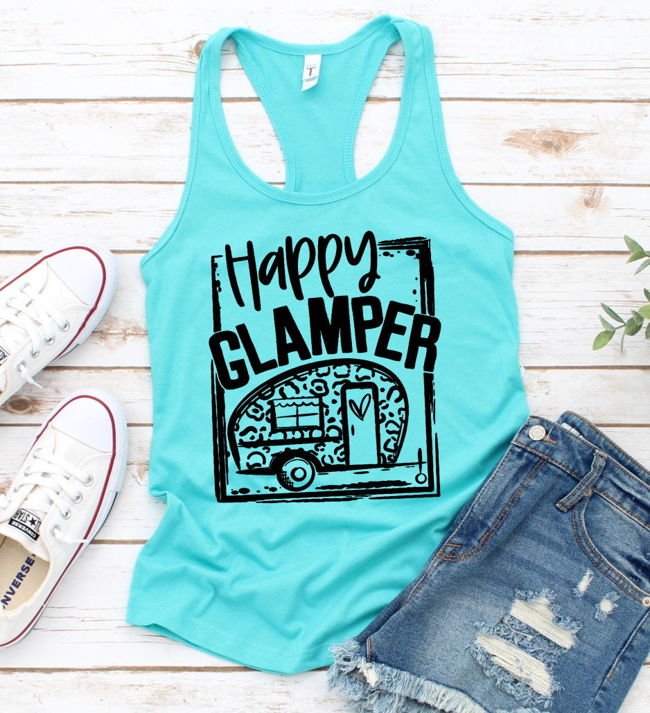 Happy Glamper, Vacation Shirt, Glamping Camp Camper Camping RV Woman&#39;s Novelty Tank Top T-Shirt
