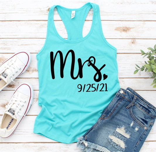 Mrs Bride Shirt Personalized Wedding Date Engagement Just Married New Bride Women's Racerback Tank Top Tee Shirt