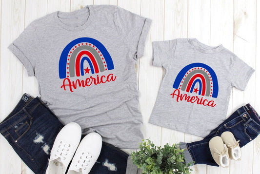 Rainbow America, 4th July Tee, Mommy Me Shirts, Patriotic Rainbow Adult Kids Toddler Baby Shirt