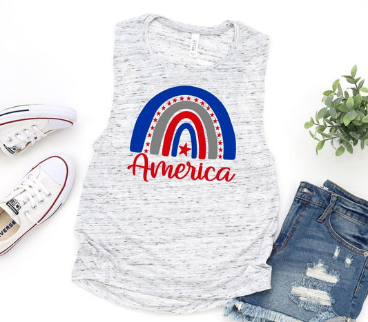 Patriotic America Rainbow 4th July American Pride Independence Day Novelty Women’s Flowy Scoop Muscle Tank Shirt