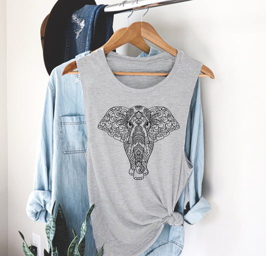 Elephant Mandala Safari Animal Boho Animal Novelty Women’s Flowy Racerback Tank Shirt