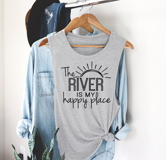 The River Is My Happy Place, Summertime, Vacation Novelty Women’s Flowy Racerback Tank Shirt