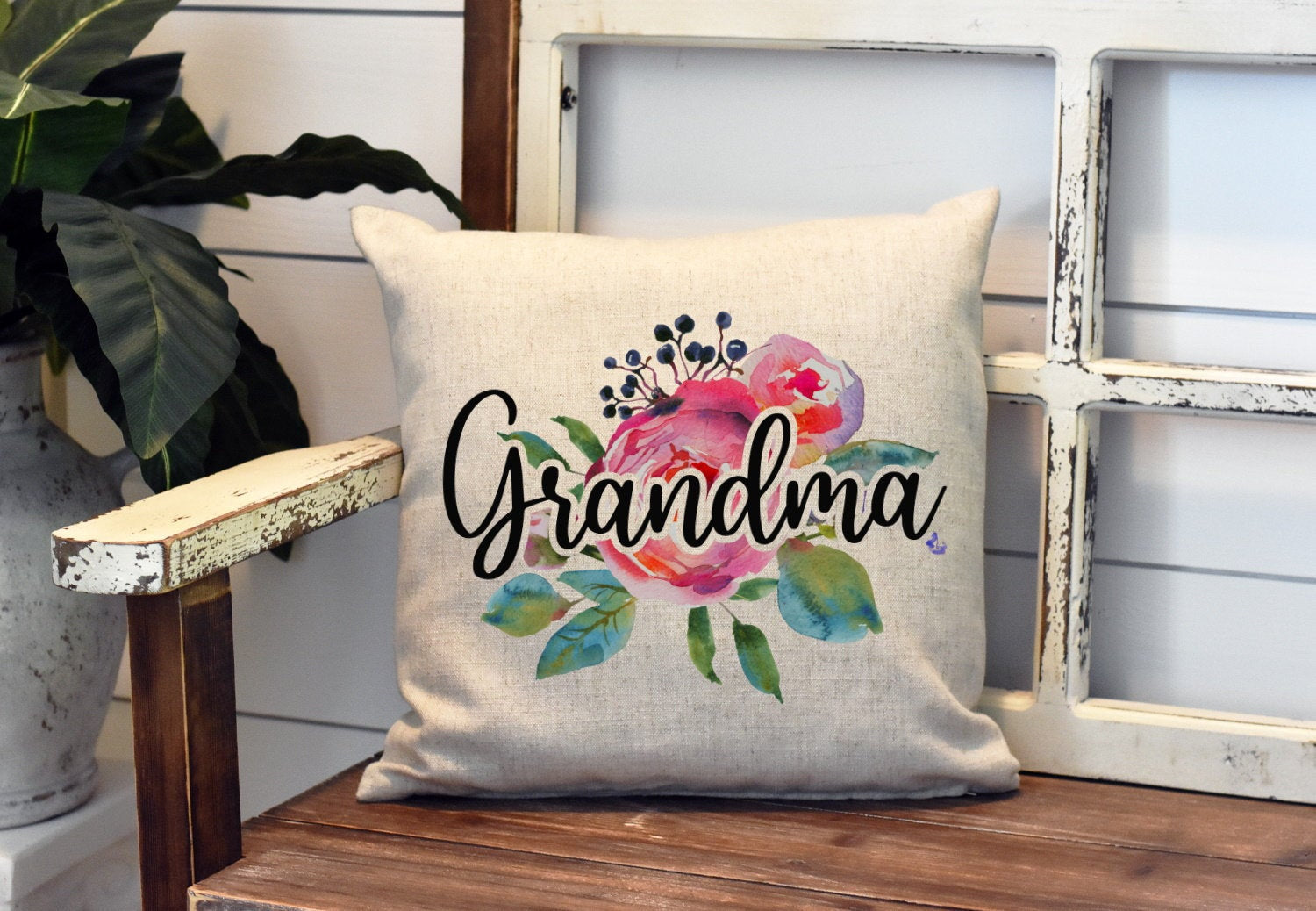 Grandma Floral Watercolor Pillow Cover - Grandma Pillow - Grandmother Decorations Farmhouse Decor Throw Pillow Cover