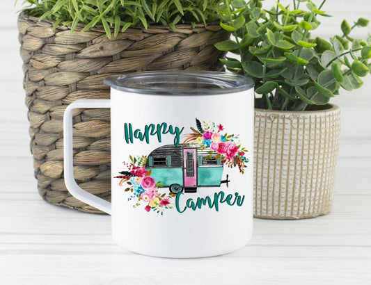 Happy Camper Travel Mug, Floral Camping Mug, Camper Travel Cup, Coffee Stainless Steel Mug