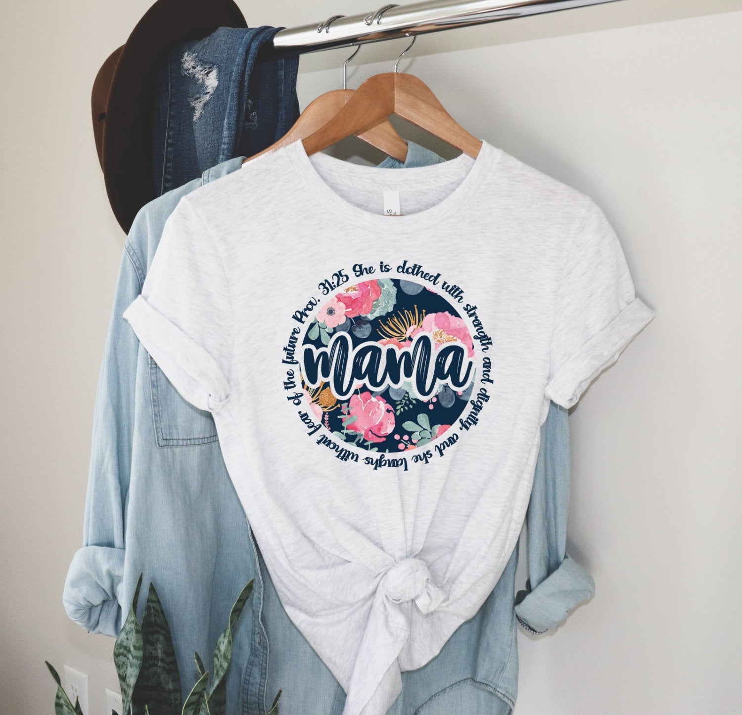 Proverbs 31 Mama Shirt, Floral Mother&#39;s Day, New Mom, Christian Mom Unisex V Neck or Crew Neck T-Shirt