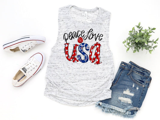 Peace Love USA, Patriotic America, 4th July American Pride, Independence Day Novelty Women’s Flowy Scoop Muscle Tank Shirt