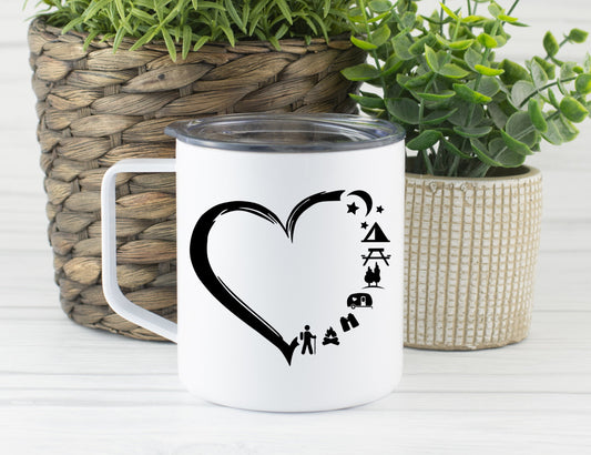 Heart Love Camping Travel Mug, Camping Mug, Camper Travel Cup, Coffee Stainless Steel Mug