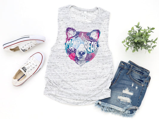 Mama Bear With Colorful Sunglasses Tee, Mama Bear Muscle Tshirt, Novelty Women’s Flowy Scoop Muscle Tank Shirt