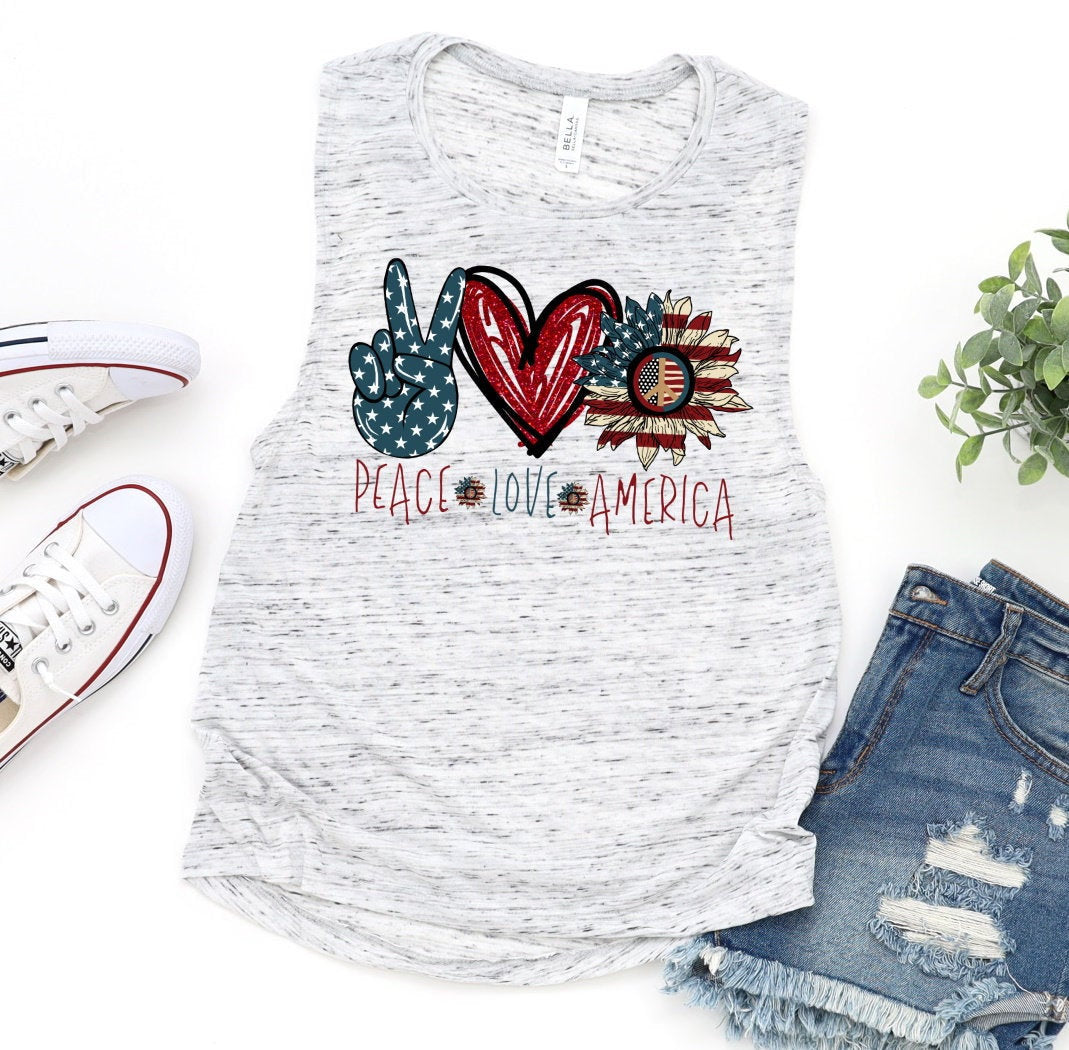 Peace Love America, Sunflower Patriotic America, 4th July American Pride, Independence Day Novelty Women’s Flowy Scoop Muscle Tank Shirt